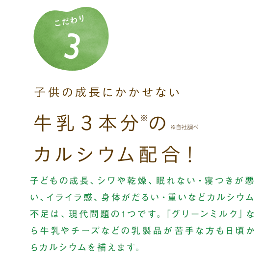 子供の成長にかかせない牛乳3本分のカルシウム配合！　子どもの成長、シワや乾燥、眠れない・寝つきが悪い、イライラ感、身体がだるい・重いなどカルシウム不足は、現代問題の1つです。「グリーンミルク」なら牛乳やチーズなどの乳製品が苦手な方も日頃からカルシウムを補えます。