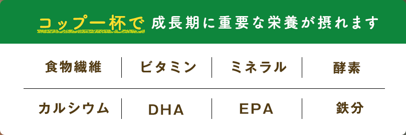 コップ一杯で成長期に重要な栄養が摂れます 食物繊維｜ビタミン｜ミネラル｜酵素｜カルシウム｜DHA｜EPA｜鉄分