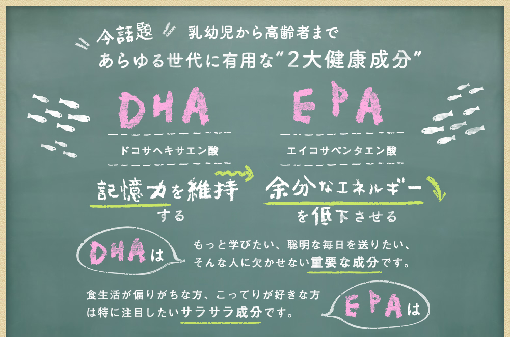 DHA(ドコサヘキサエン酸)記憶力を維持する。もっと学びたい、聡明な毎日を送りたい、そんな人に欠かせない重要な成分です。 EPA(エイコサペンタエン酸)中性脂肪を低下させる。食生活が偏りがちな方、こってりが好きな方は特に注目したいサラサラ成分です。