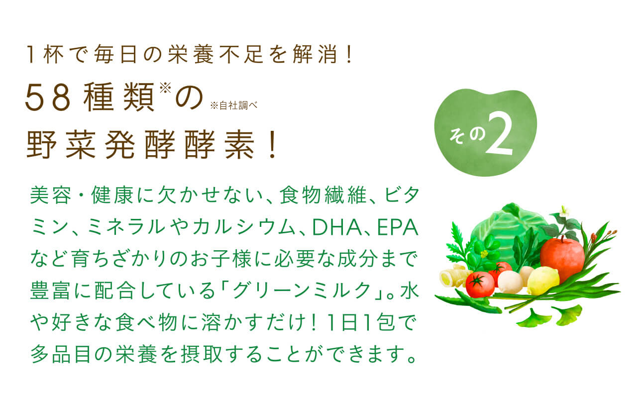 1杯で毎日の栄養不足を解消！58種類の野菜発酵酵素！美容・健康に欠かせない、食物繊維、ビタミン、ミネラルやカルシウム、DHA、EPAなど育ちざかりのお子様に必要な成分まで豊富に配合している「グリーンミルク」。水や好きな食べ物に溶かすだけ！1日1包で多品目の栄養を摂取することができます。