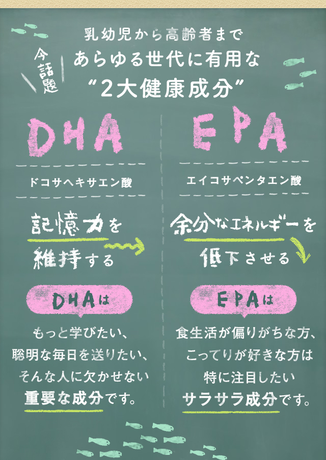 DHA(ドコサヘキサエン酸)記憶力を維持する。もっと学びたい、聡明な毎日を送りたい、そんな人に欠かせない重要な成分です。 EPA(エイコサペンタエン酸)中性脂肪を低下させる。食生活が偏りがちな方、こってりが好きな方は特に注目したいサラサラ成分です。